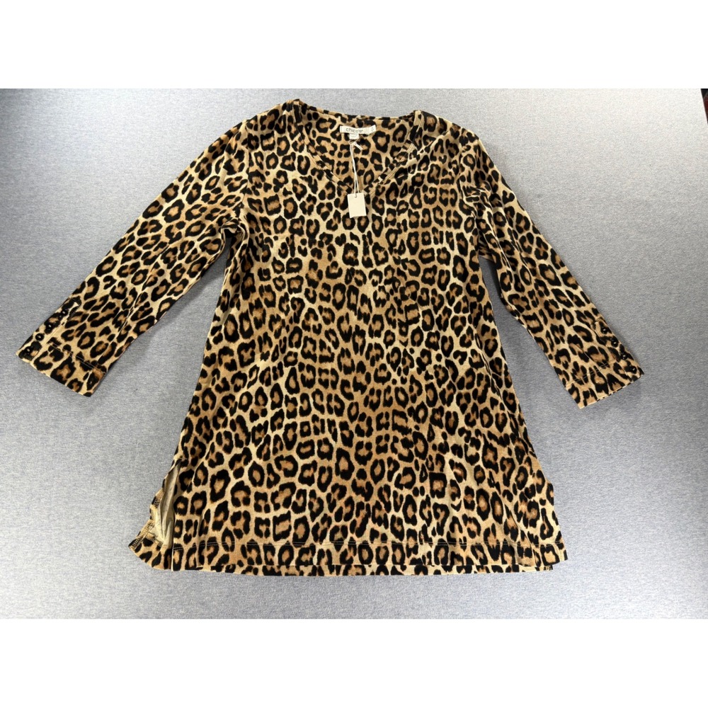 Chicos Leopard Print Pima Cotton V-Neck Tunic Top Long Sleeve Brown Size 0 S